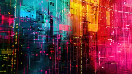 Leinwandbilder - A colorful digital abstract design with a grid pattern, featuring shades of blue, green, yellow, red, and pink. Light trails and other digital elements contribute to a feeling of motion and activity.