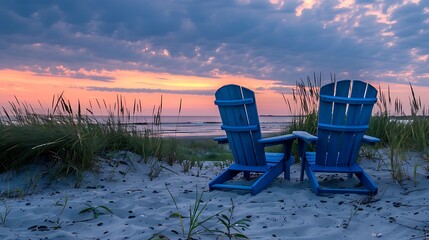 Wall Mural - Two blue Adirondack chairs on a sandy beach at sunset.