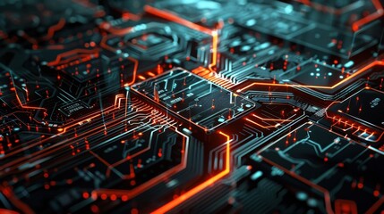 Aufkleber - A close-up image of a circuit board with glowing red lines running along the surface. The board is black and features a square chip in the center surrounded by smaller components.