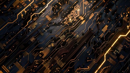 Leinwandbilder - A close-up view of a circuit board with glowing traces. The board is black with gold-colored traces and components. The traces are lit up, creating a futuristic and abstract design.