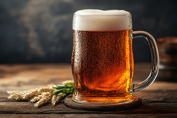 Wall Mural - Mug with cold fresh golden beer on wooden table on blurred background. Craft beer on glass on Oktoberfest, international beer day and St. Patrick's day celebration in a pub or bar. Copy space.