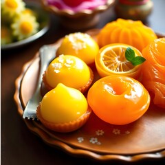 Wall Mural - oranges on a plate. plate with fruits. plate with sweets. Festival sweets. Traditional sweets in a plate. Indian sweets in a plate. Festive desserts in a plate.