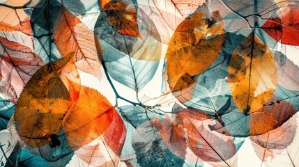 Wall Mural - A close-up image of multiple, translucent autumn leaves overlapping each other, creating a mesmerizing abstract pattern. The leaves are predominantly shades of orange, red, and blue-green, with subtle