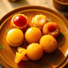 Poster - plate with fruits. plate with sweets. Festival sweets. Traditional sweets in a plate. Indian sweets in a plate. Festive desserts in a plate.