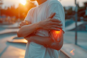 Young male skateboarder with injured arm. AI.