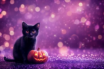 Wall Mural - Happy Halloween night scene with a cat and glowing jack-o'-lantern, background with copy space