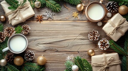 A white wooden desk table features a Christmas decorations frame in vintage rustic style, presented in a flat lay top view.