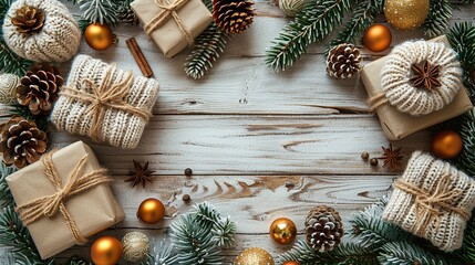 A Christmas composition frames decorations including fir tree branches, a gift box, and a knitted sweater on a white wooden table, showcasing Nordic-style cozy home decorations.