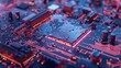 © vadosloginov - The image shows a close-up view of a circuit board, with a central processor chip illuminated by red lights. Surrounding the processor are other components and intricate wiring, all set against a blue