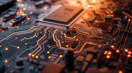 Poster - A close-up view of a circuit board, showing the intricate network of traces and components. The traces glow with an orange light, highlighting the complex design of the board. The image is taken from 