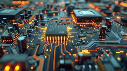 Poster - A close-up view of a circuit board, with illuminated traces and components. The central processor is in focus, with traces extending outward in a complex pattern.
