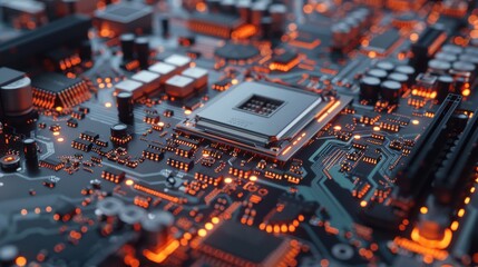 Aufkleber - A close-up image of a computer motherboard with glowing orange LED lights illuminating the components, focusing on a central processor chip. The motherboard's complex circuitry is visible, with variou