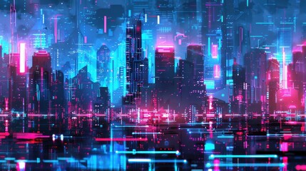 Wall Mural - A digital illustration depicts a futuristic city at night, illuminated with vibrant pink and blue neon lights. The city is dense and packed with tall skyscrapers, all interconnected with a network of 