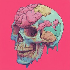 Wall Mural - A skull with a brain spilling out of it, dripping onto a pink background.