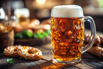 Wall Mural - Mug with cold fresh golden beer, pretzels , sausages on wooden table in beer garden with Alps mountain on background. Craft beer on glass on Oktoberfest, international beer day celebration. Copy space