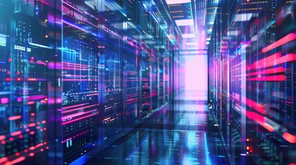 Aufkleber - The image shows a server room with rows of servers glowing with bright blue and pink lights. The light reflecting off the floor creates a sense of motion and energy. The server room is clean and organ