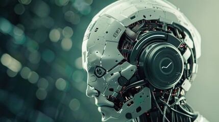 Fototapete - The head of a white robot is shown in profile against a blurry green background. The robot has a detailed, intricate design and is wearing black headphones.