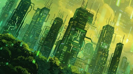 Leinwandbilder - A digital illustration depicting a futuristic cityscape with towering structures resembling circuit boards, glowing with green light. The buildings are connected by intricate networks of wires and cir