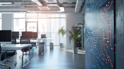 Aufkleber - A bright, modern office space with large windows and a minimalist design. The focus of the image is a large wall-mounted display featuring a blue and red circuit board design, suggesting a tech-focuse