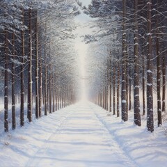 Poster - A snowy path leads through a forest of tall, snow-laden trees, the light at the end suggests hope and a sense of calm.