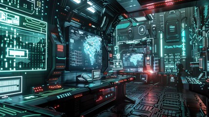 Fototapete - A futuristic control room with multiple monitors displaying world maps and data, a single operator is standing in the background, illuminated in red light. The room is filled with advanced technology 