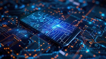 Aufkleber - A smartphone lies on a circuit board, with the screen displaying a similar pattern of lines and nodes, lit with blue and orange lights.