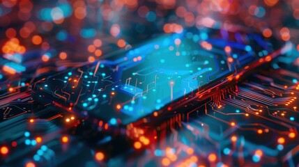 Aufkleber - A detailed close-up of a circuit board, showcasing intricate pathways and glowing lights in shades of blue, orange, and red. The image captures the complexity and beauty of modern technology.