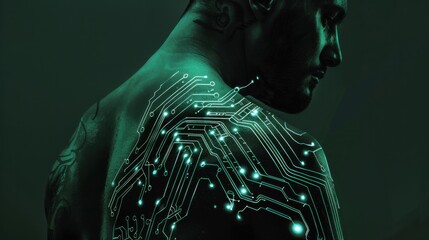 Leinwandbilder - A man is shown from the back, with a green circuit board pattern glowing on his skin. The image has a dark green background, emphasizing the glowing circuit board lines.