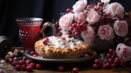 Wall Mural - Comforting Dessert Scene with Pie and Hot Mug of Tea