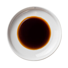 Soy sauce on white plate on transparent background top view