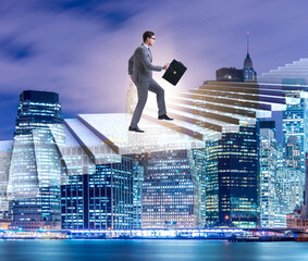 Wall Mural - Businessman climbing career ladder over city