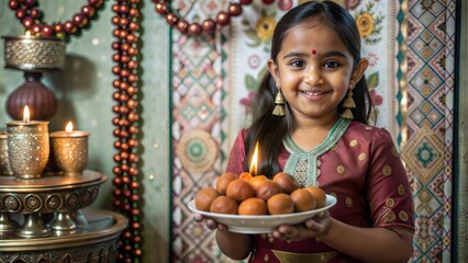 Wall Mural - a-sweet indian girl offering gulaab jamuns