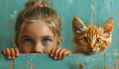 Wall Mural - A young girl is looking at a cat behind a fence. The cat is orange and has yellow eyes.