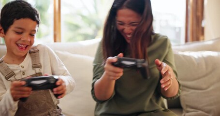 Sticker - Video game, happy and mother with child on a sofa for gaming, playing and console fight at home together. Esports, gamer and family in a living room excited, having fun and bond in vacation freedom