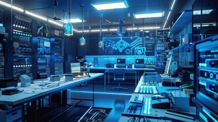 Fototapete - A futuristic server room with blue lighting and technical equipment. There are rows of servers, monitors displaying data, and several workstations with keyboards and mice. The room has a clean and mod
