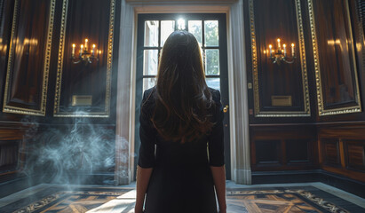 Wall Mural - A woman stands in a room with smoke and candles. The room is dimly lit and has a mysterious atmosphere