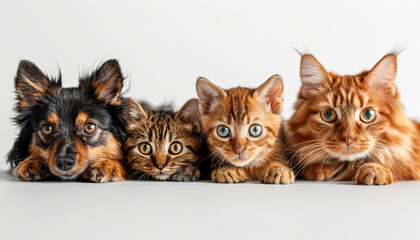 Wall Mural - Four cats and a dog are laying on a white background. The cat on the left is black and brown, the one in the middle is orange, and the one on the right is also orange