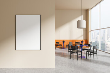 Wall Mural - Blank poster mockup on a wall in a modern restaurant interior. 3D Rendering