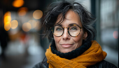 Wall Mural - A woman with glasses and a scarf is smiling. She is wearing a black jacket and a yellow scarf