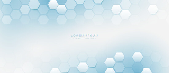 Poster - Abstract clean white and blue hexagon shapes pattern background. Futuristic healthcare technology concept. Vector illustration