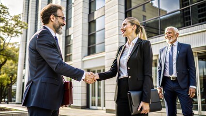 Poster - business people shaking hands outside office building