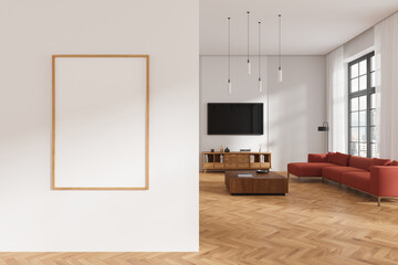 Poster - Relax interior with couch and sideboard, panoramic window. Mockup frame