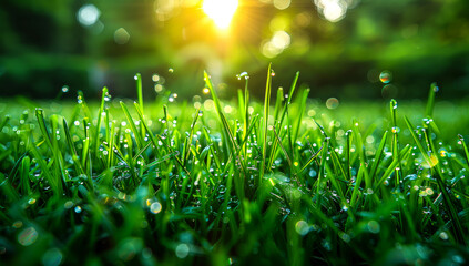 Wall Mural - A lush green field with dew drops on the grass. The sun is shining brightly, creating a serene and peaceful atmosphere