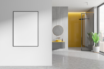 Wall Mural - Stylish home bathroom interior with glass shower and sink, window. Mockup frame