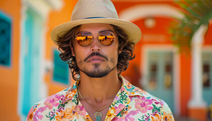 Wall Mural - A man wearing a straw hat and sunglasses is standing in front of a building with a floral shirt