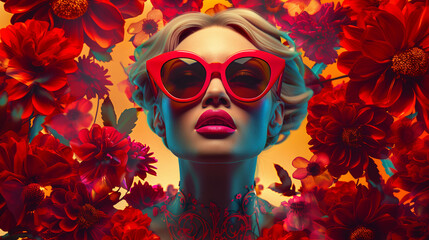 Wall Mural - portrait of fashionable blonde woman female person with oversized red sunglasses on floral backgroun