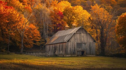 a weathered wooden barn stands solitary in a field, surrounded by a vibrant display of fall foliage.