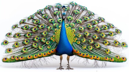 Peacock displaying colorful feathers, isolated on white background, full-body shot, colored background, vibrant and majestic