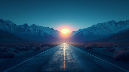 Canvas Print - A long, straight road disappearing into the distance, with snow-capped mountains on either side and a setting sun in the background.