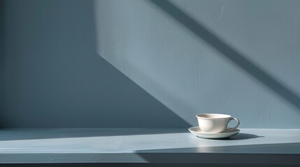 Poster - A single white teacup, with a small handle, sits on a white saucer. The cup and saucer are placed on a blue table surface. The tabletop is illuminated by a sunbeam, which casts a long shadow across th